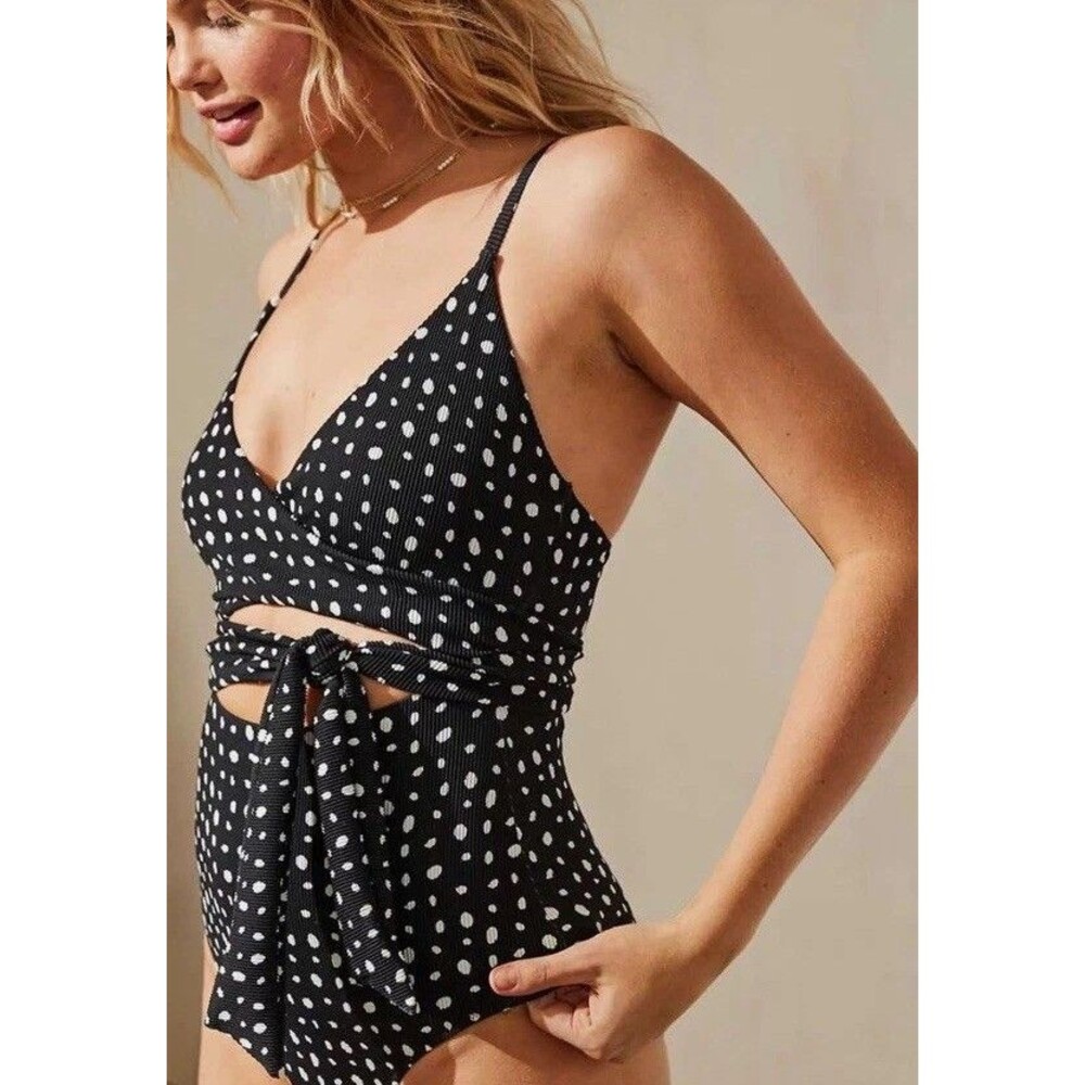 Aerie Polka Dot One Piece Swimsuit Long Size Large Wrap Tie Waist Full Coverage